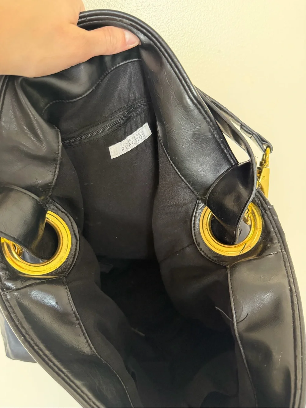 KENNETH COLE REACTION Black Canvas Large Hobo Shoulder Bag with Gold Accents